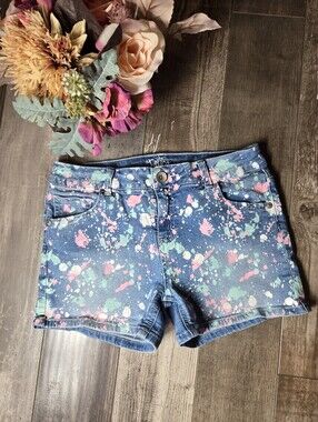Justice Denim Upcycled Paint-Splatter Shorts in Blue with Pink & Mint Size 16R